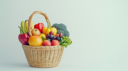 Colorful mix of fruits and vegetables in a basket on white, with space for grocery messages