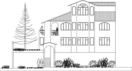 Vector sketch illustration silhouette design engineering drawing traditional ethnic vintage house architecture