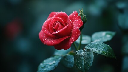 A vibrant red rose glistens with droplets of water, showcasing its beauty and elegance against a lush green backdrop.