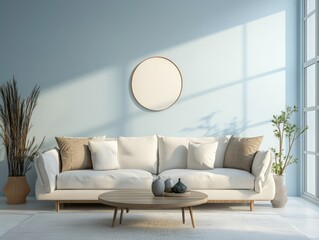 Soft blue calm walls paired with beige furniture in a minimalist winter living room, creating a cool and relaxing winter vibe