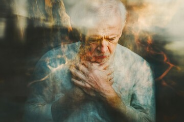 Obraz premium Elderly Man Overwhelmed by Heart Attack and Dizziness
