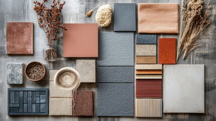 Creative flat lay of textiles, paint samples, panels, and cement tiles in a navy, gray, and brown palette, perfect for an interior designer's mood board