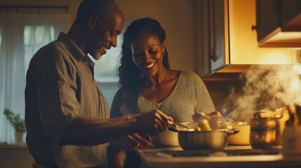 Culinary Connection: Middle-aged couple with dark skin tones joyfully cooking in warmly lit kitchen