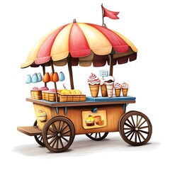 Cartoon street vendor with a food cart selling ice cream on a white background.
