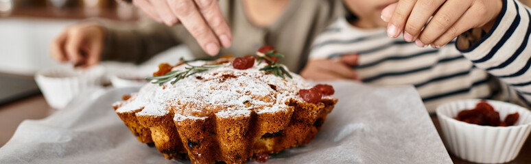 A family bonds in their kitchen, baking delicious treats and sharing joy before Christmas celebrations.