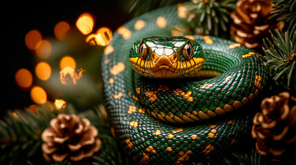Fototapeta premium Green snake in decorated Christmas tree branches
