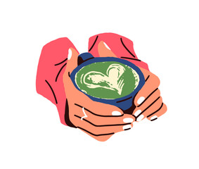 Woman holds cup of matcha with heart pattern on foam. Pottery mug of organic green tea, natural drink in female hands. Teacup of hot beverage. Flat isolated vector illustration on white background