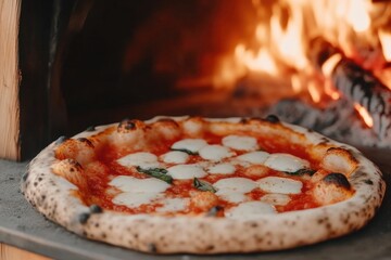 Traditional Neapolitan Pizza Baking with Firewood Heat