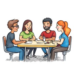 Fototapeta premium Cartoon group of friends discussing budget planning at a table on a white background.