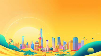 A colorful vector cityscape on a bright yellow background, with a shining sun adding warmth and energy. The cheerful urban landscape is perfect for posters, presentations, and digital branding