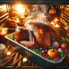 Christmas or Thanksgiving festive turkey cooking in an oven.