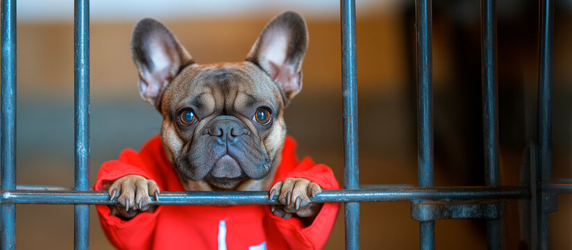 Dog in red inmate clothes doing his time in prison