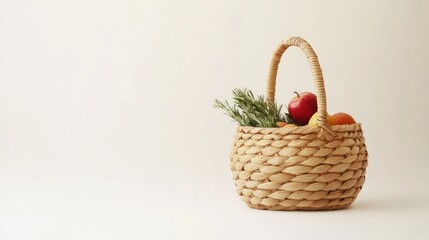 Fresh produce in a woven basket on a light background, with ample copy space for supermarket promotions
