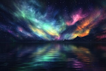 Night Sky with Colorful Aurora Borealis Reflecting in Still Water
