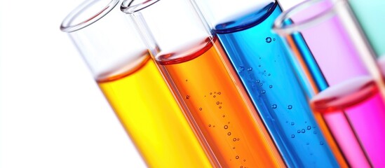 Test Tubes With Colorful Liquids In Glass Beaker On White Background Closeup