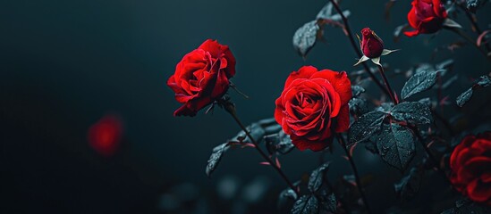 Photo Of Red Roses With Dark Leaves And Stems