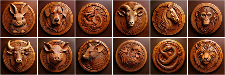 set of chinese zodiac sign in artistic wooden style, china astrology concept for 2025, the year of wooden snake