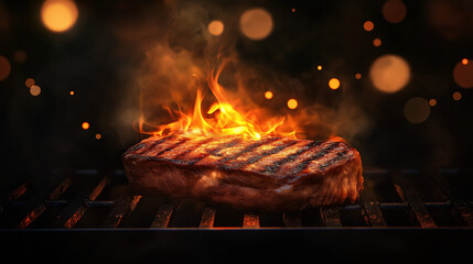 Roasting steak on a night grill