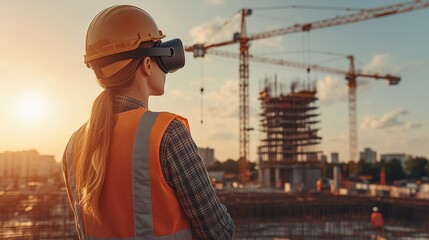 Woman in VR Headset Overlooking a Construction Site at Sunset