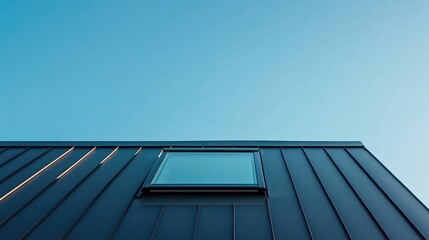 A modern dark metal skylight is positioned on a sloped roof against a backdrop of a bright blue sky