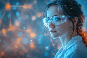 Young female scientist in a lab coat with glasses, exploring molecular structures in bright colors