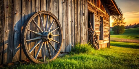Obraz premium Weathered wooden wheel leaning against rustic barn in serene countryside setting