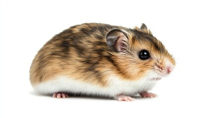 Charming Roborovski hamster positioned sideways on a simple white background