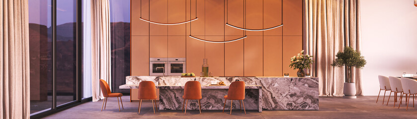 Modern kitchen established with an open and spacious layout, showcasing elegant design features, 3d rendering
