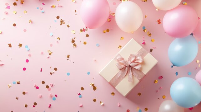 Birthday backdrop featuring a gift box balloons and confetti arranged on a pastel pink table in a flat lay style
