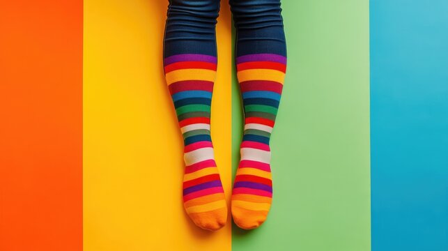 Legs adorned with striped socks against a backdrop featuring ample copy space Concept of Down syndrome awareness and celebration - Powered by Adobe