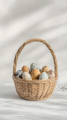 Elegant basket with colorful eggs for easter home decor and celebrations