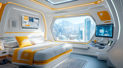 Bedroom in futuristic spaceship or apartment
