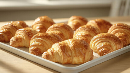 Golden brown croissants on tray for breakfast or bakery display
