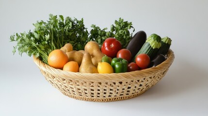 Healthy produce in a market basket on white surface, with space for messages about fresh food