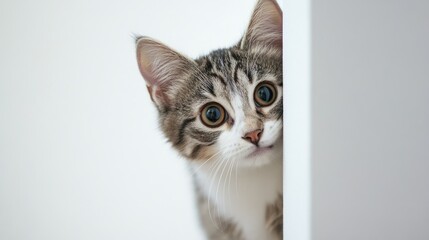 Obraz premium A playful cat curiously peeks around a white wall