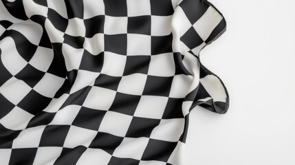 Checkered finish flag against a white backdrop viewed from above Ample area for text