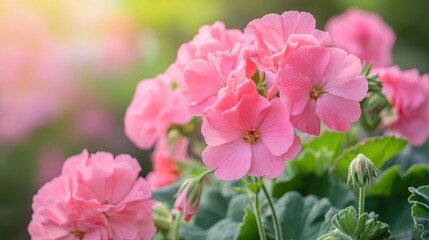 Fototapeta premium Pink pelargonium blooms in a vibrant summer garden