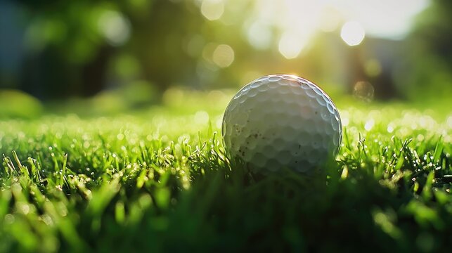 Close up of a golf ball resting on green grass with a soft focus illuminated by sunlight on a sports playground