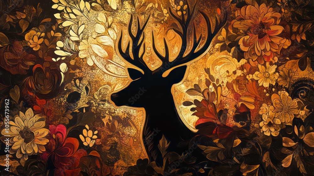 Poster a silhouette of a deer surrounded by intricate floral patterns in warm tones.