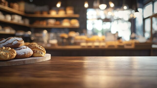 Defocused image of a baking shop featuring a wooden frame suitable for text or promotional use