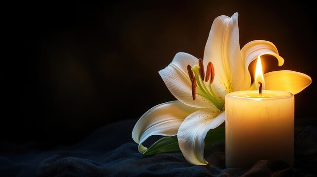 Elegant lily alongside a glowing candle on a dark backdrop creating a thoughtful space for text ideal for memorial card design