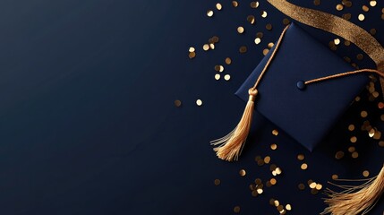 Graduation cap featuring gold tassels and a diploma set against a sophisticated dark navy blue backdrop adorned with gold confetti Elegant invitation design with room for personalized text