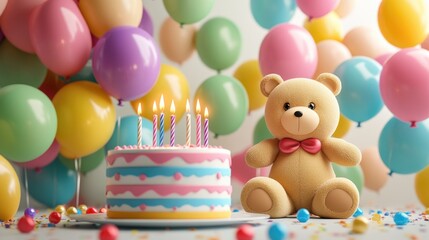 Festive balloons in vibrant colors featuring a teddy bear and a birthday cake adorned with candles create a cheerful celebration backdrop