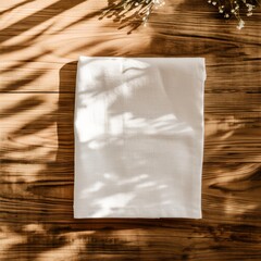 Flat lay mockup of a white linen tea towel on a wooden table with some decorations