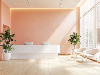 Soft peach walls combined with sleek white furniture and light wood floors in a warm and modern receptionist space