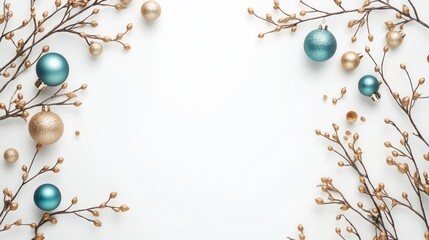 Fototapeta premium Festive holiday frame featuring tree branches and gold and turquoise ornaments on a white background Flat lay design with ample space for text Ideal for a seasonal banner mockup