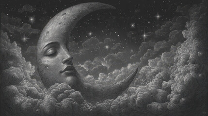 Enchanting vintage celestial artwork of crescent moon in starry night sky