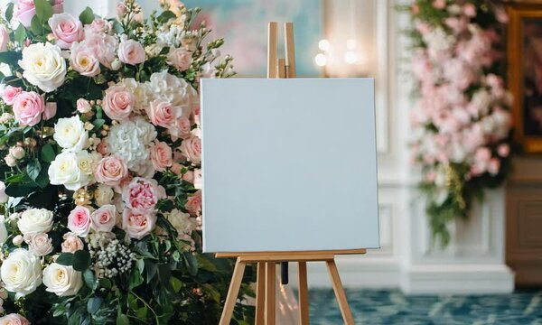 Blank canvas on easel surrounded by floral decorations.