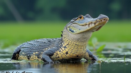 Fototapeta premium A Close-Up of a Black Caiman with Open Mouth in the Water