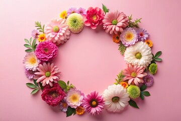 Soft pink background with a bunch of colorful flowers arranged in a circular pattern, botanicals, nature